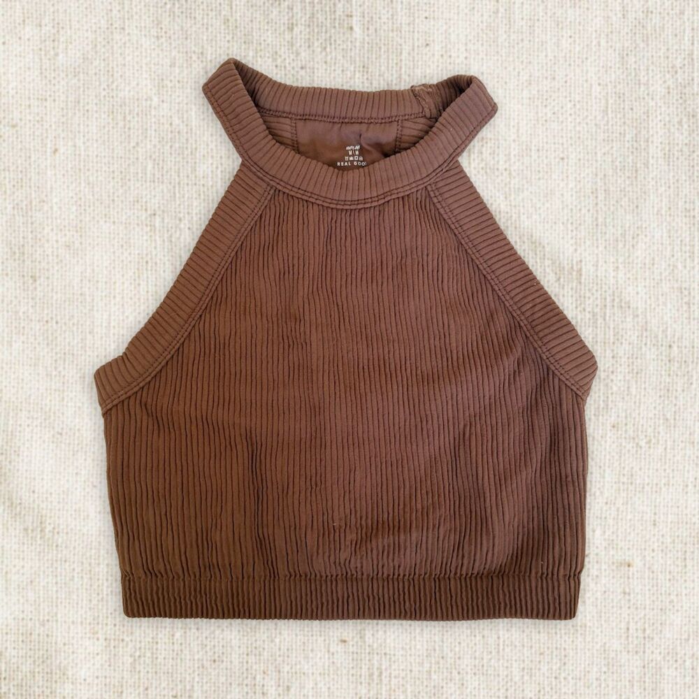 American Eagle Brown High Neck Stretchy Crop Top Size M AEO Ribbed Neutral